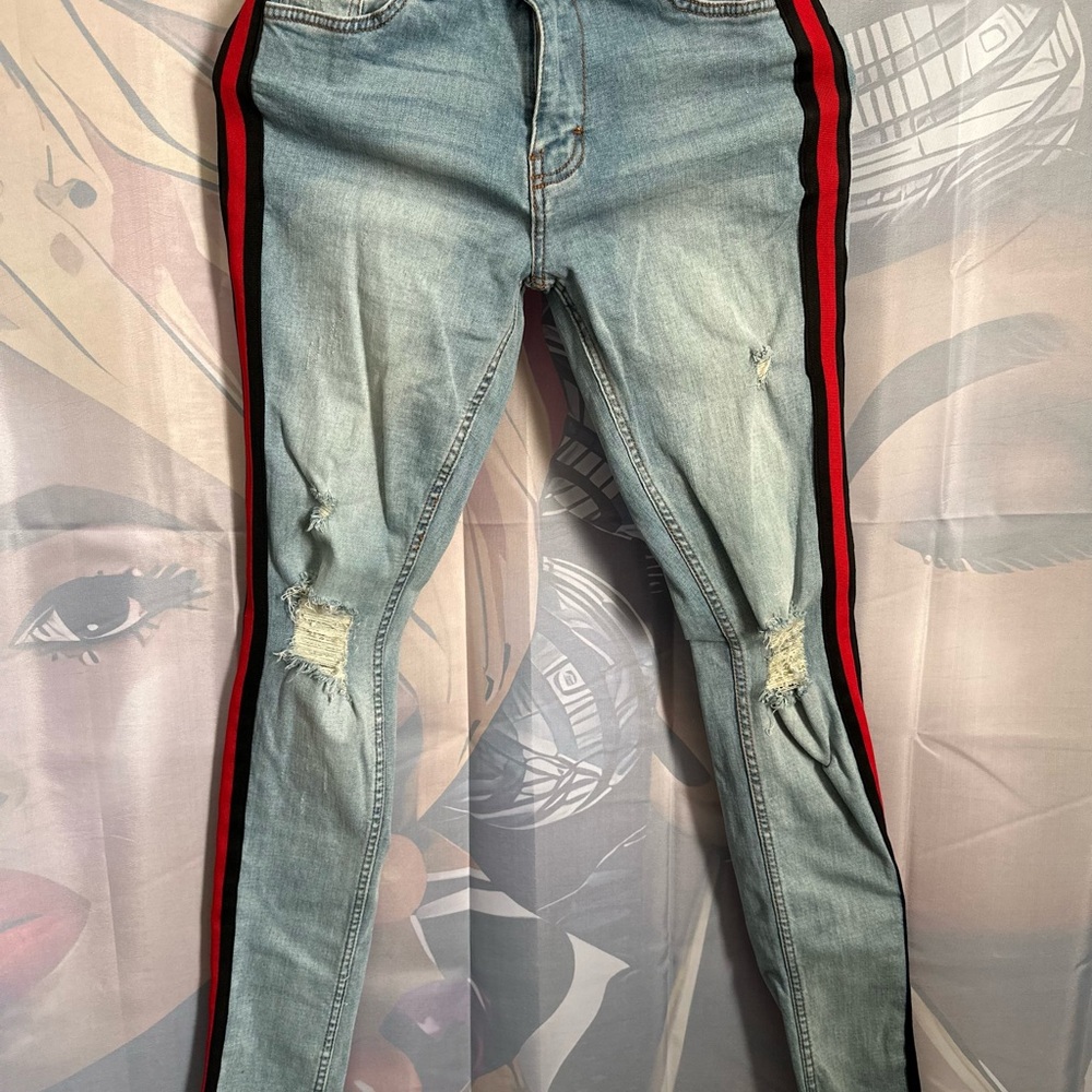 /Se.renede/ Men's Distressed Raw Designer Jeans – Red & Black Side Stripes